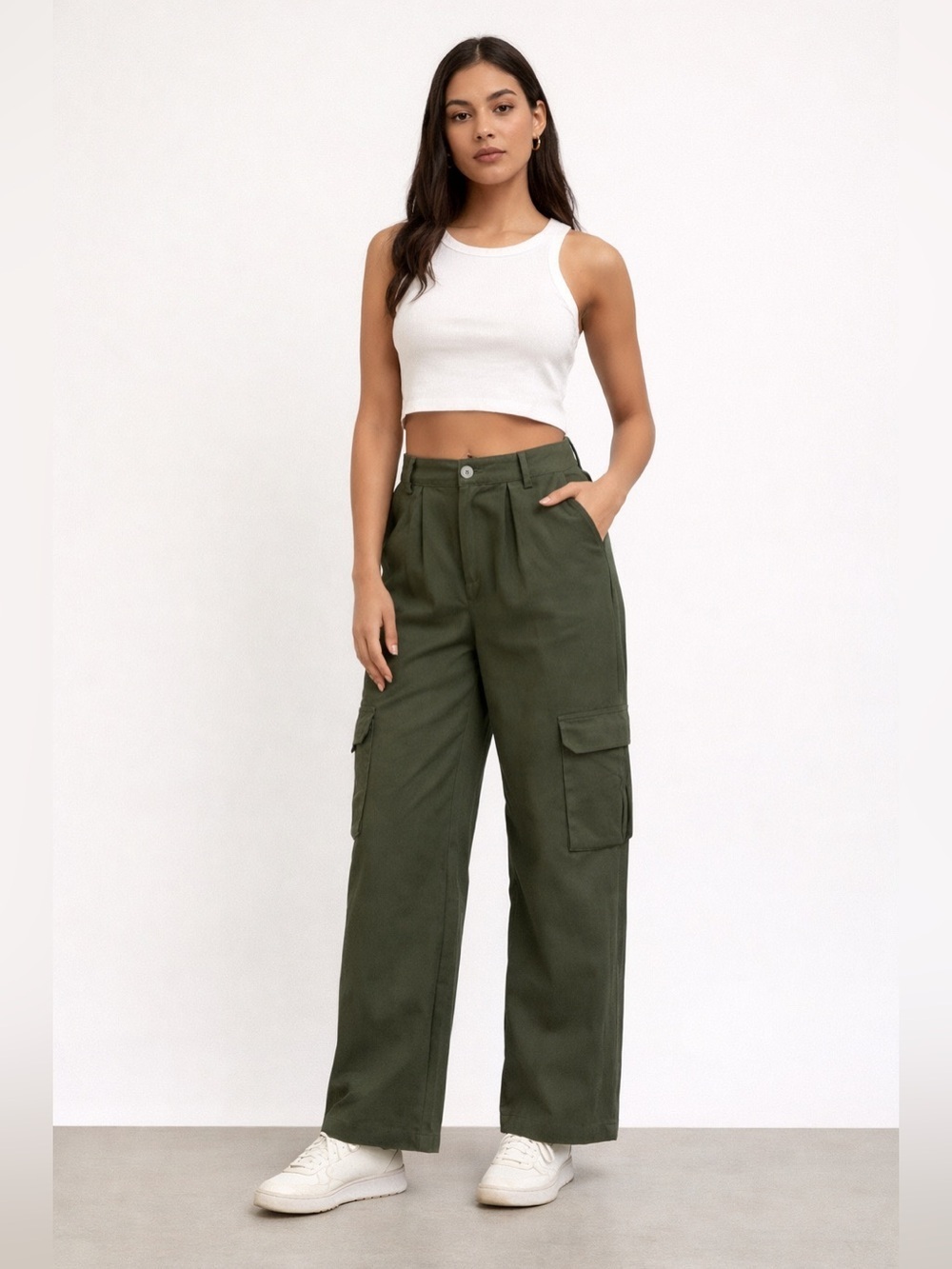 High-Rise Cargo Wide-Leg Pants - Olive